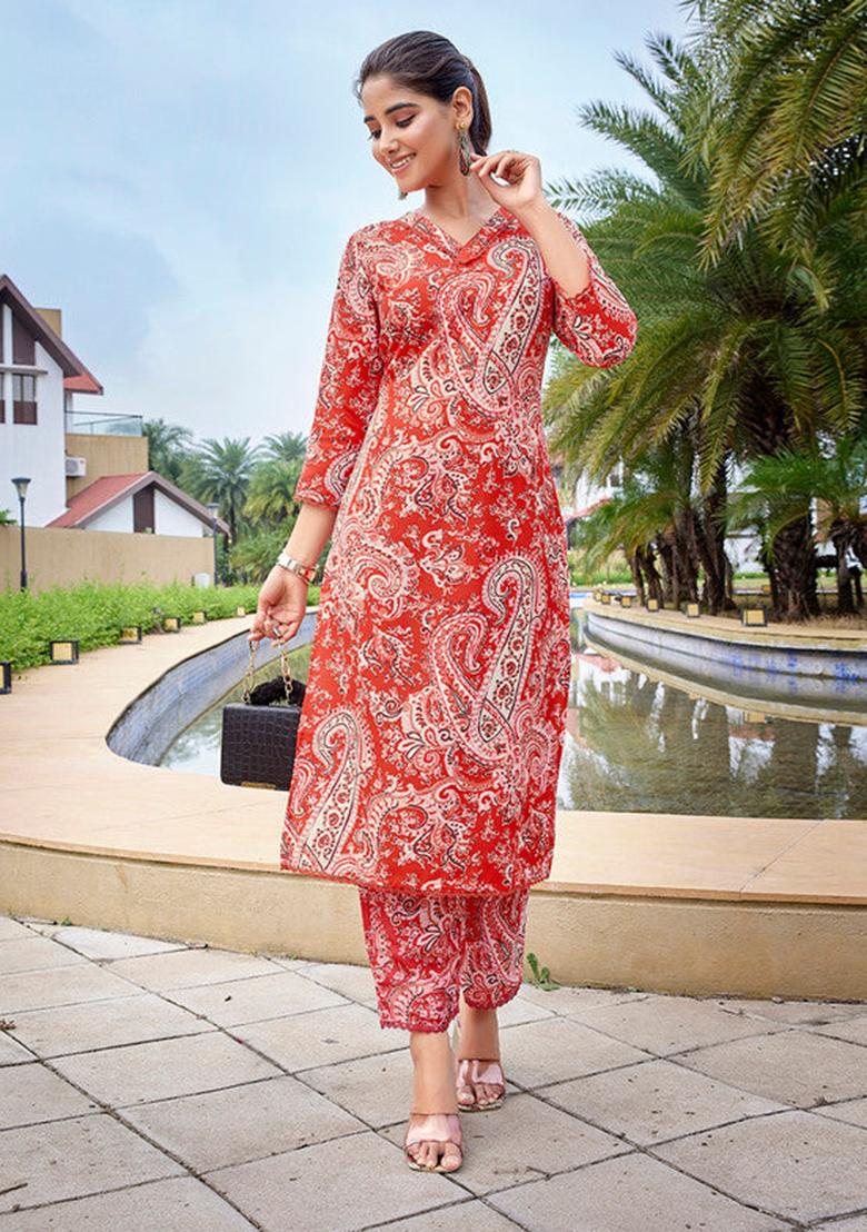 Red Printed Viscose Kurta Set