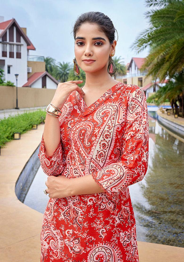 Red Printed Viscose Kurta Set