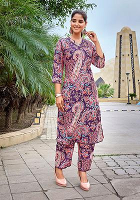 Purple Printed Viscose Kurta Set