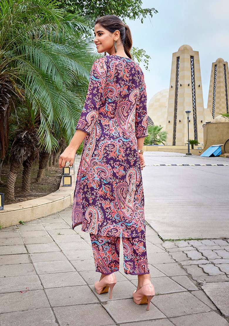 Purple Printed Viscose Co Ord Set - Indya