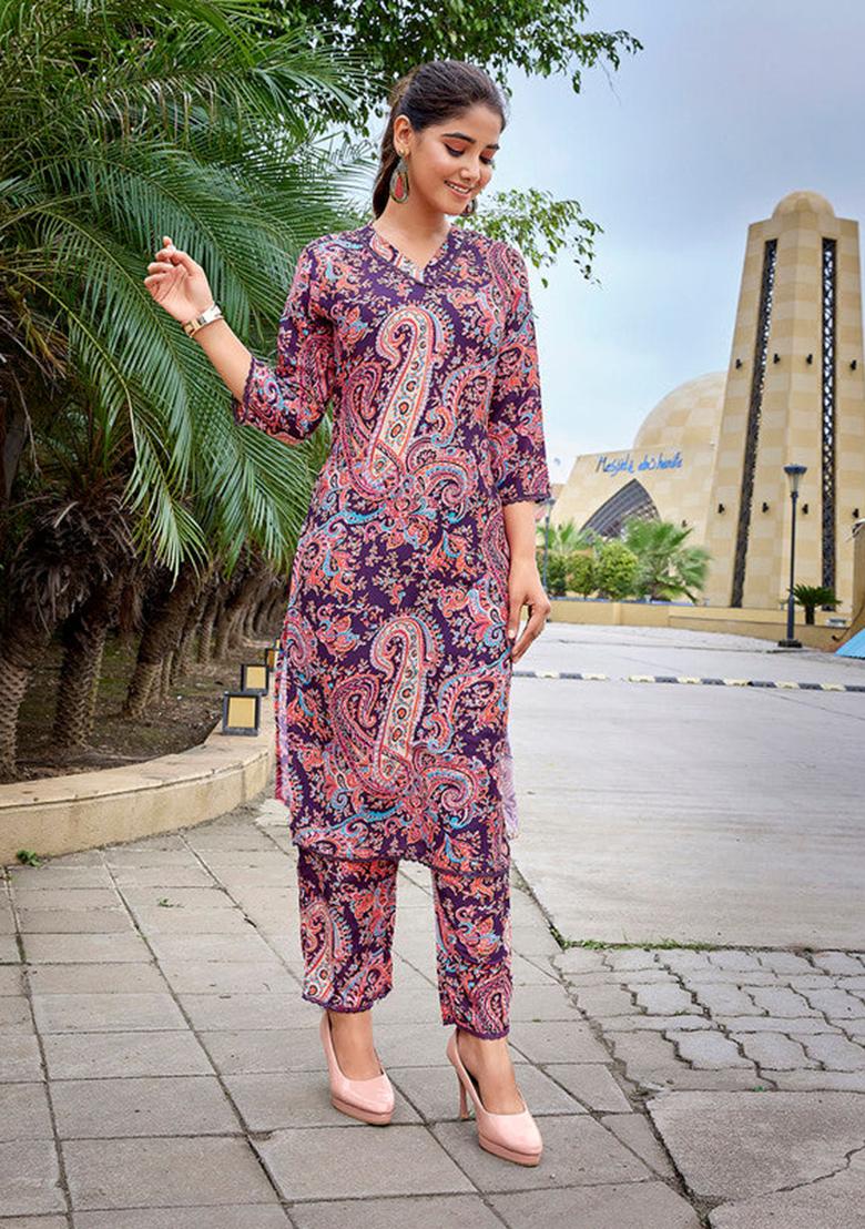 Purple Printed Viscose Kurta Set