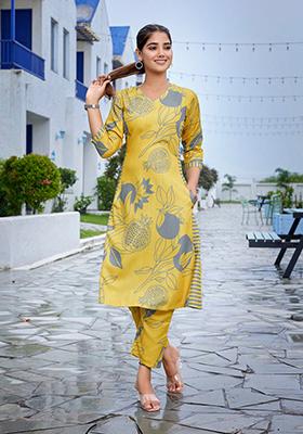 Yellow Printed Viscose Kurta Set