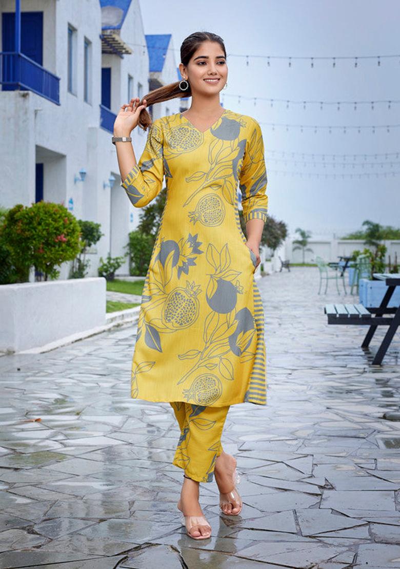 Yellow Printed Viscose Kurta Set