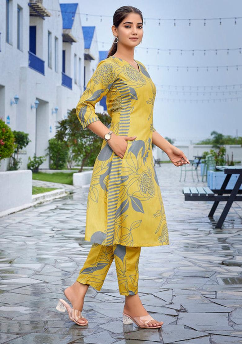 Yellow Printed Viscose Kurta Set