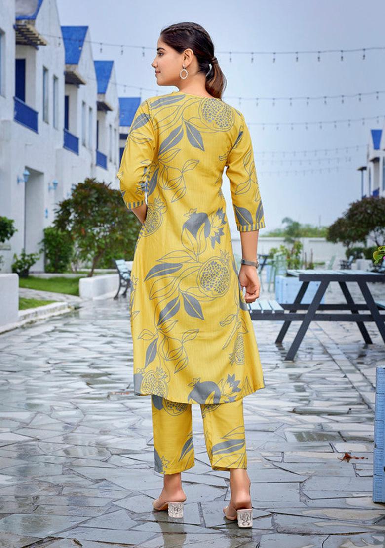 Yellow Printed Viscose Kurta Set