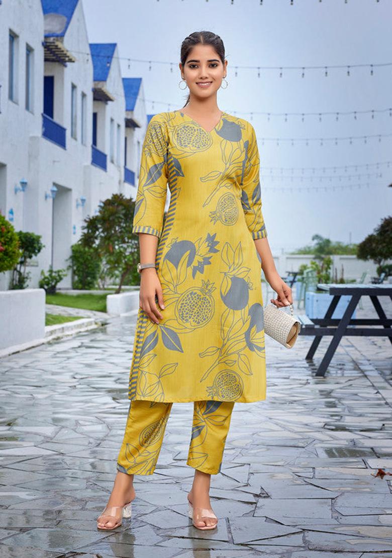 Yellow Printed Viscose Kurta Set