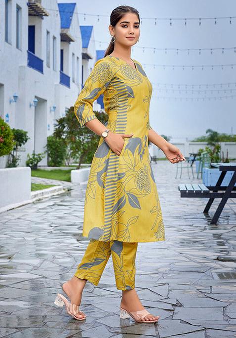 Yellow Printed Viscose Kurta Set