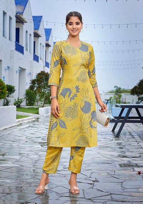 Yellow Printed Viscose Kurta Set