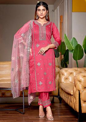Pink Embroidered Viscose Kurta Set