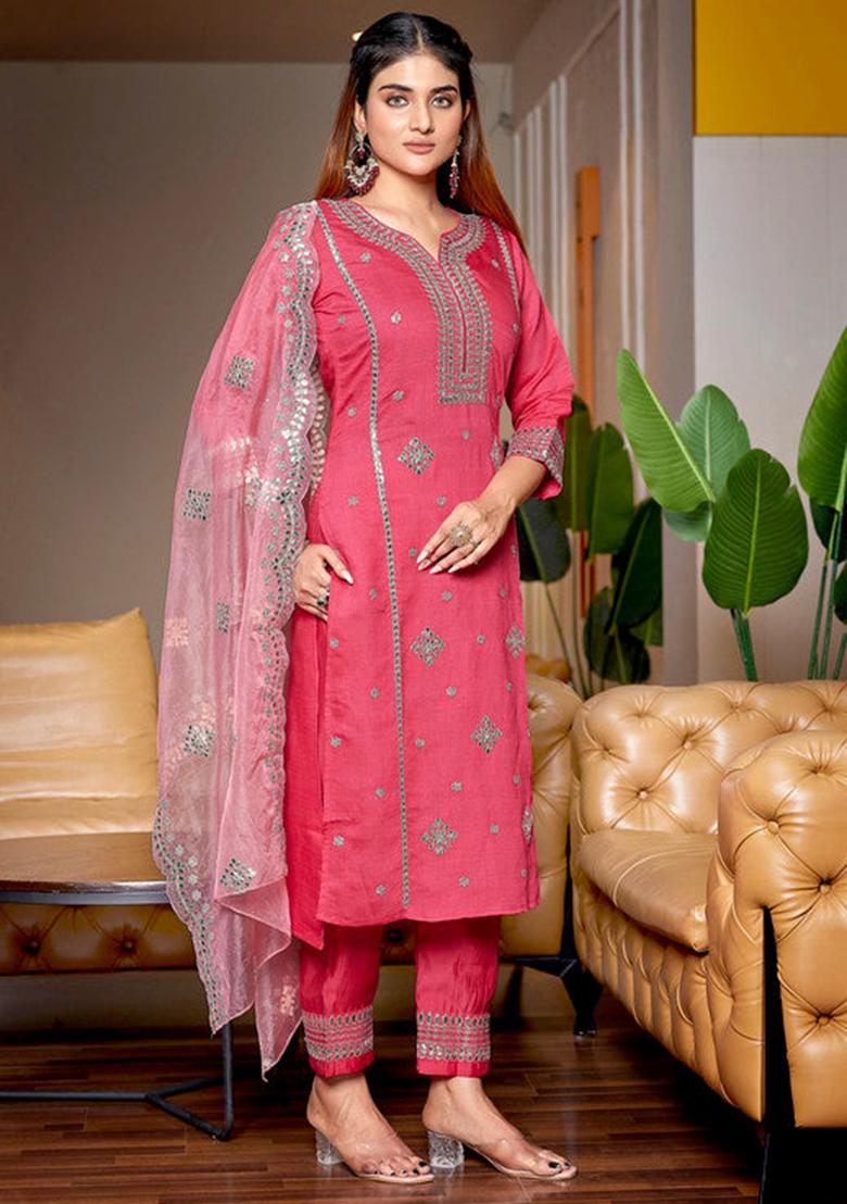 Pink Embroidered Viscose Kurta Set