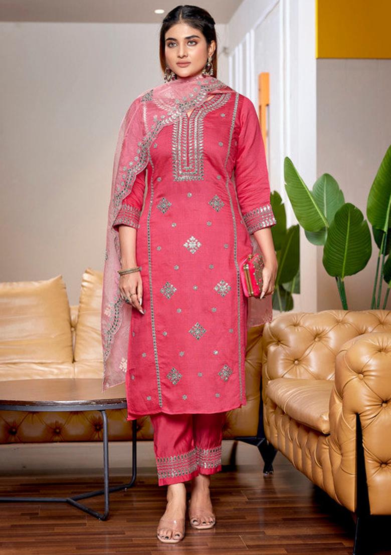Pink Embroidered Viscose Kurta Set