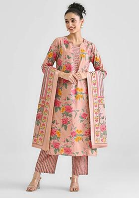 Peach Printed Cotton Kurta Set