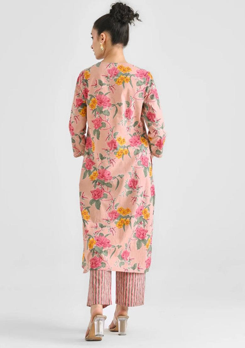 Peach Printed Cotton Kurta Set