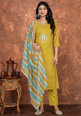 Yellow Embroidered Silk Kurta Set