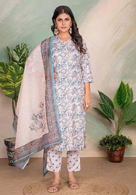 Grey Printed Cotton Kurta Set