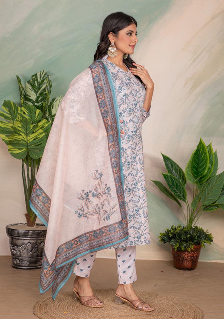 Grey Printed Cotton Kurta Set