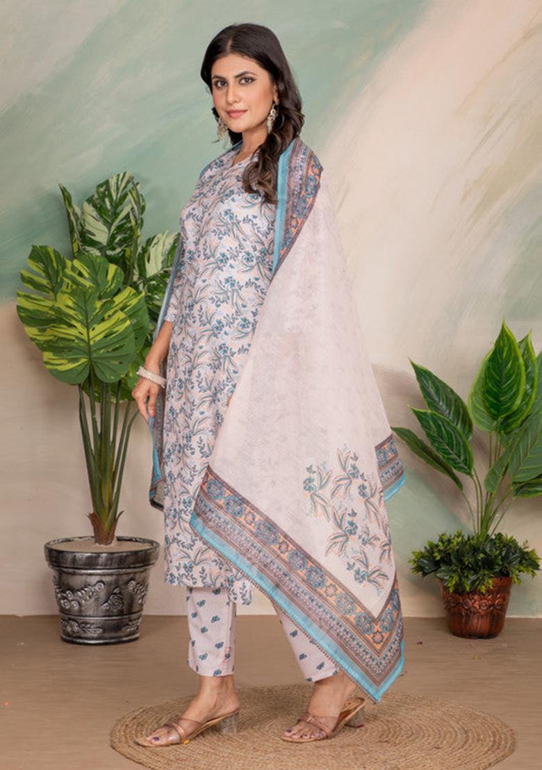 Grey Printed Cotton Kurta Set