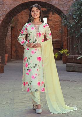 Green Embroidered Cotton Kurta Set