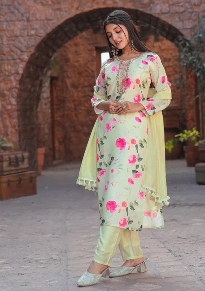 Green Embroidered Cotton Kurta Set