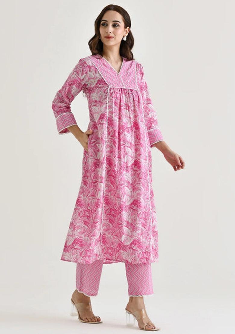 Pink Printed Cotton Kurta Set