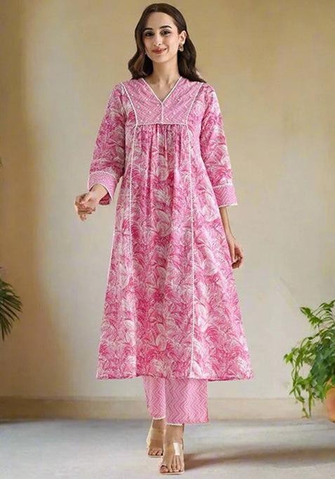 Pink Printed Cotton Kurta Set