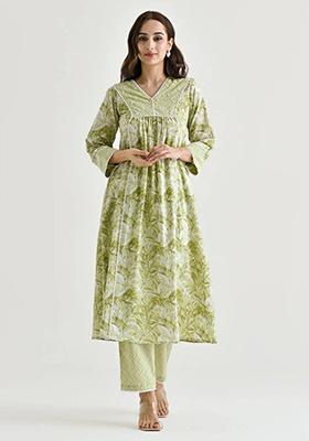 Yellow Printed Cotton Kurta Set