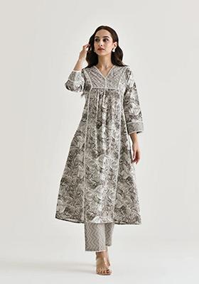 Grey Printed Cotton Kurta Set
