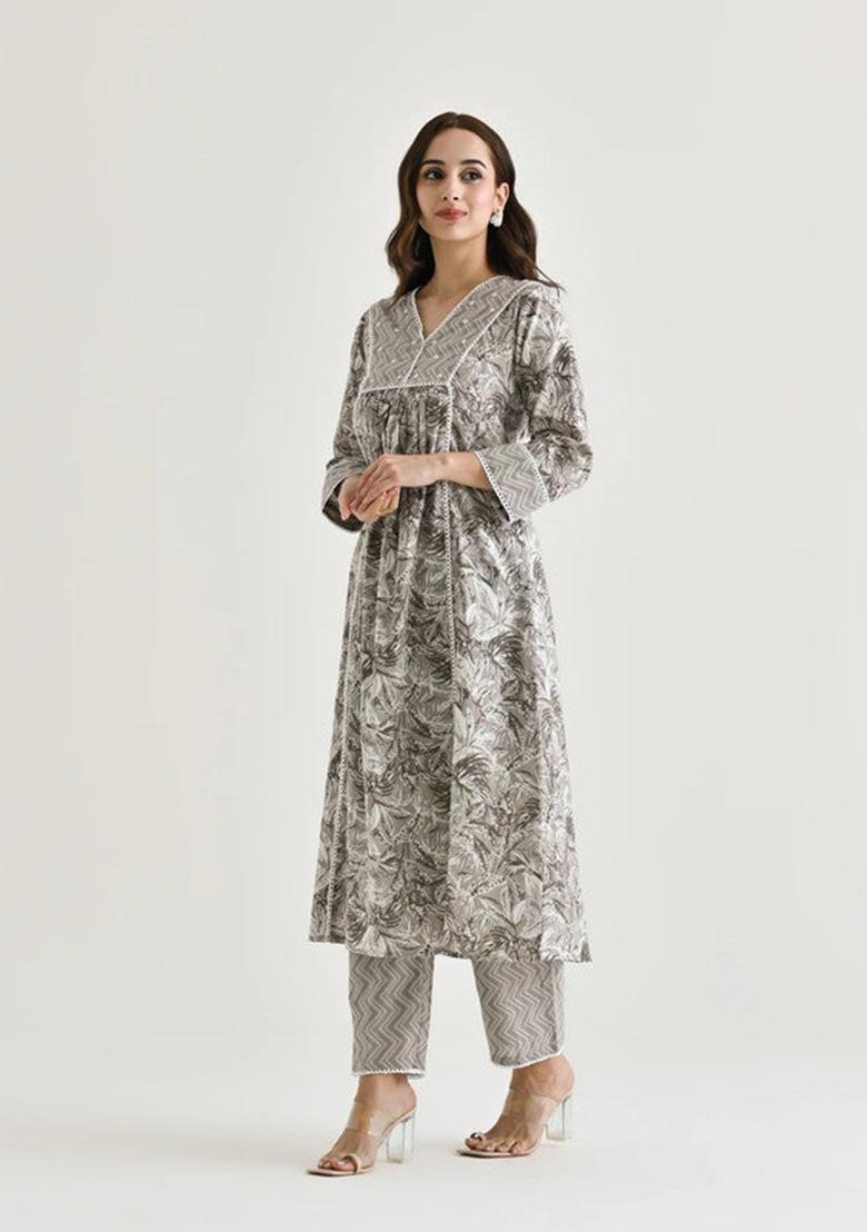 Grey Printed Cotton Kurta Set