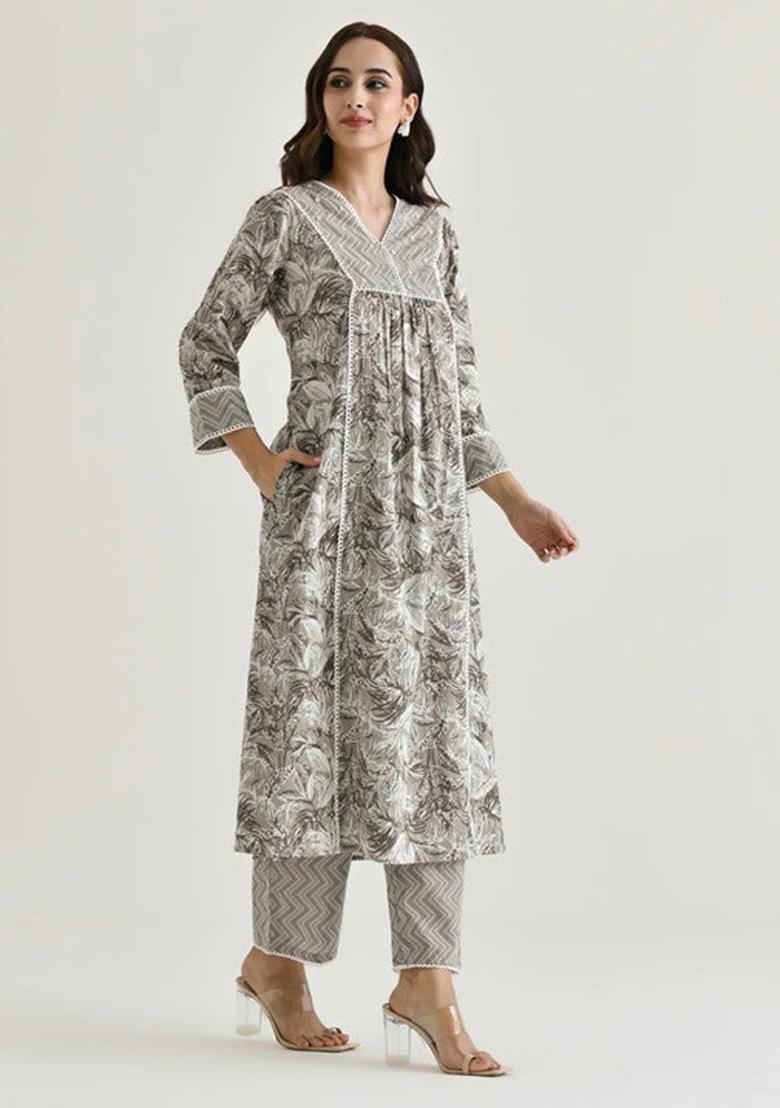 Grey Printed Cotton Kurta Set
