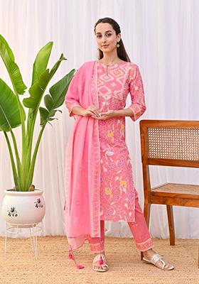 Peach Printed Cotton Kurta Set