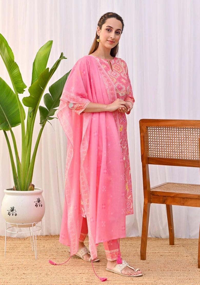 Peach Printed Cotton Kurta Set