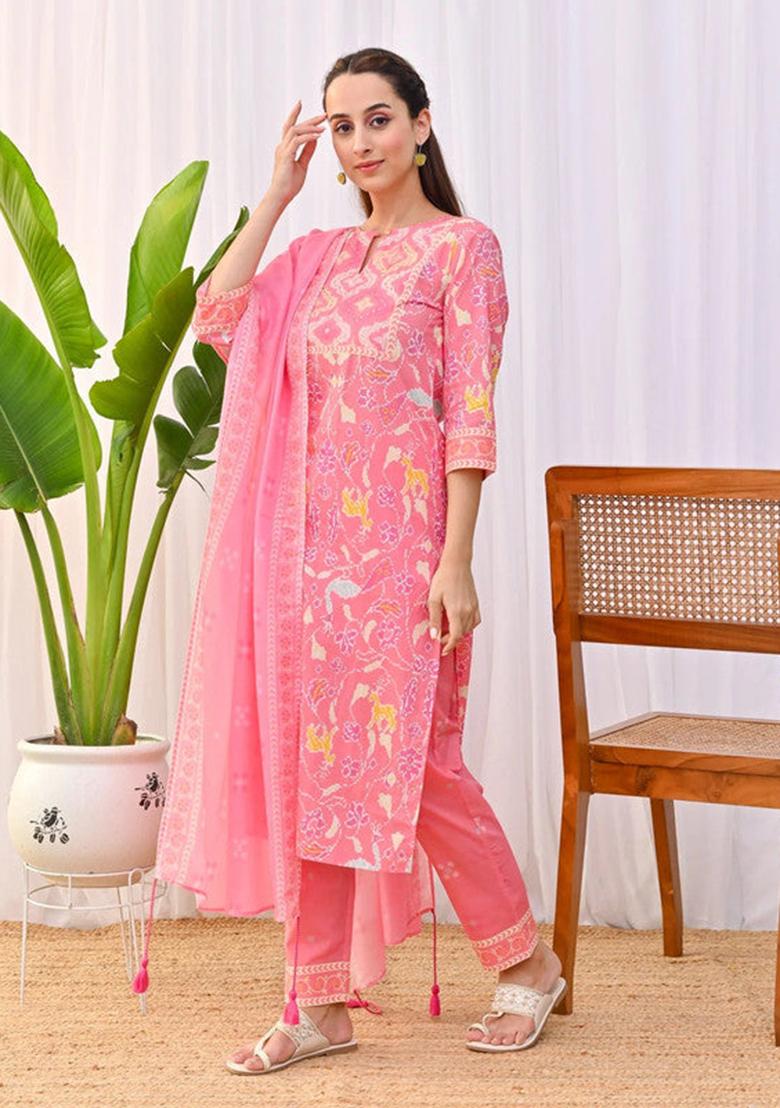 Peach Printed Cotton Kurta Set
