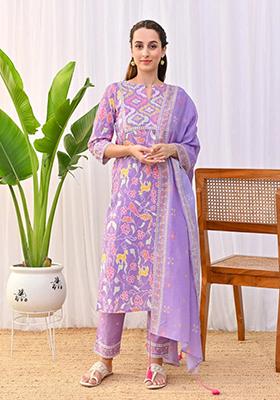 Lavender Printed Cotton Kurta Set