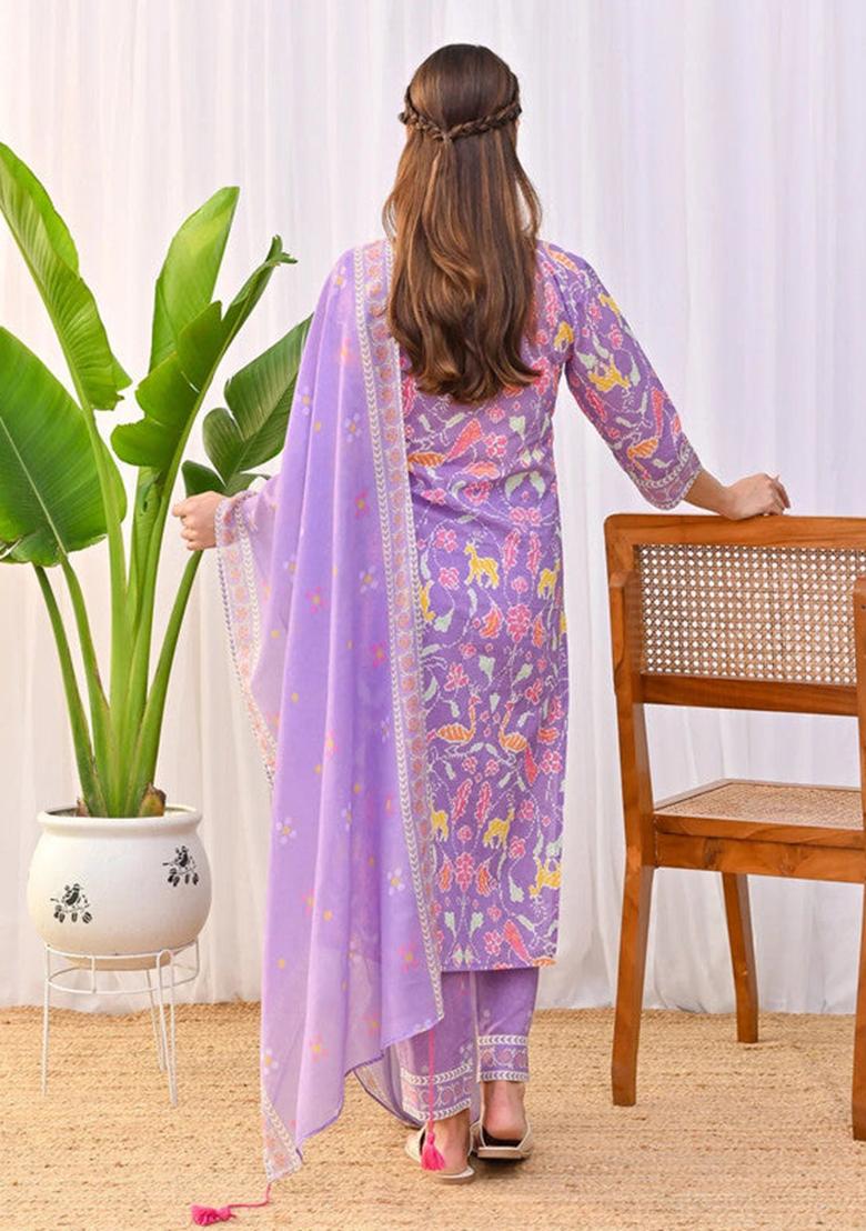 Lavender Printed Cotton Kurta Set