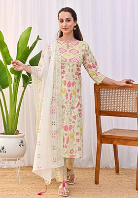 White Printed Cotton Kurta Set