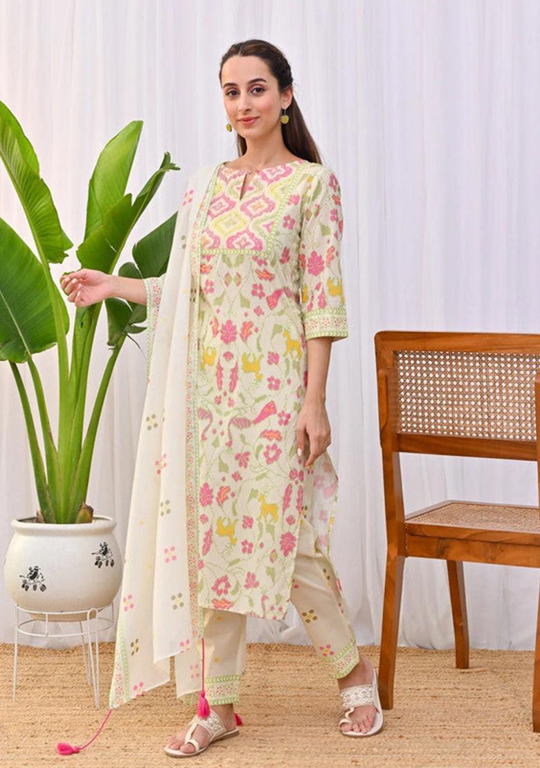 White Printed Cotton Kurta Set