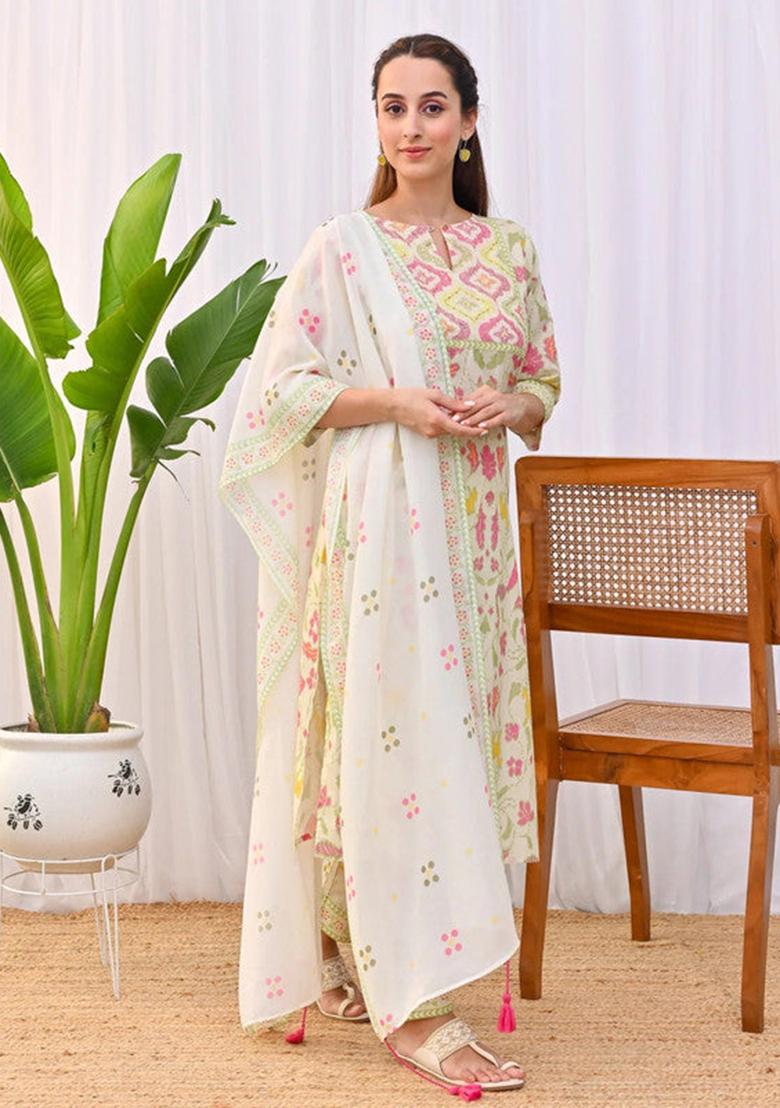 White Printed Cotton Kurta Set