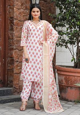 Orange Printed Muslin Kurta Set