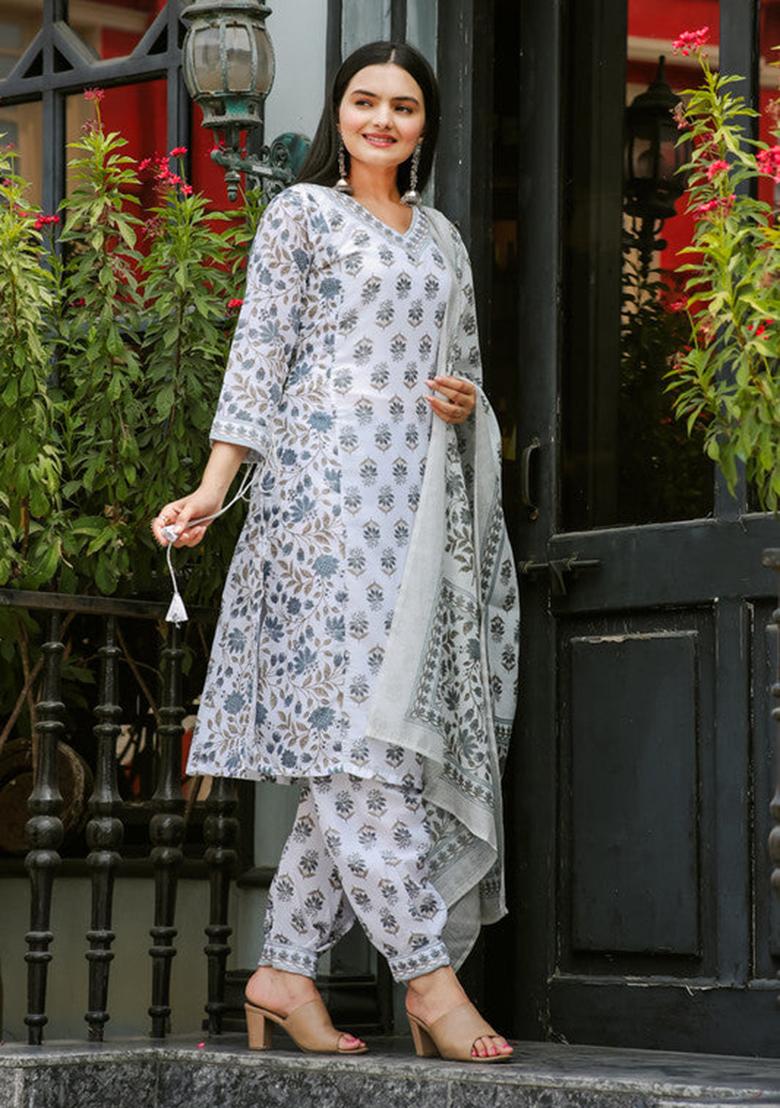 Grey Printed Muslin Kurta Set