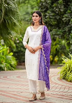 White Embroidered Silk Kurta Set