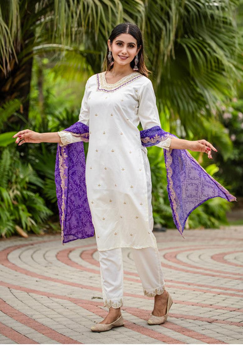 White Embroidered Silk Kurta Set
