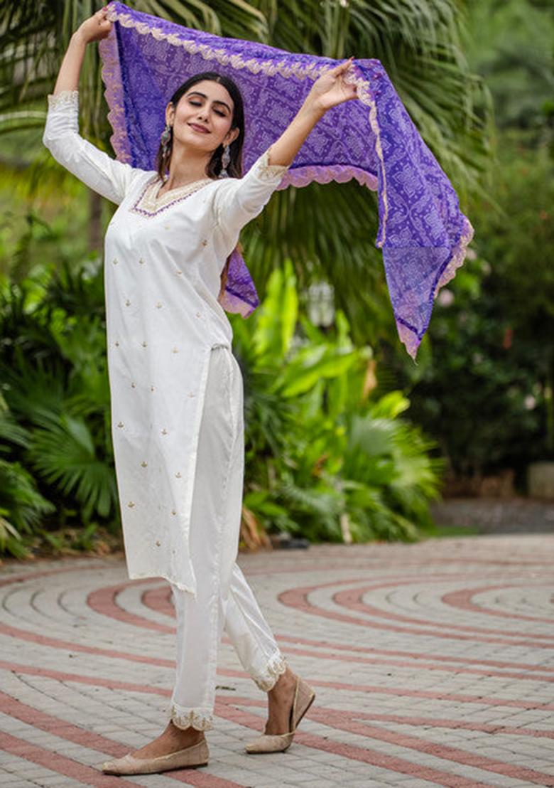 White Embroidered Silk Kurta Set