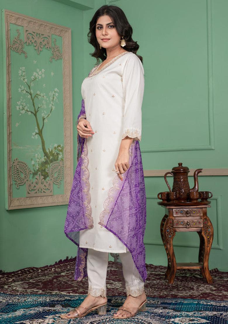 White Embroidered Silk Kurta Set