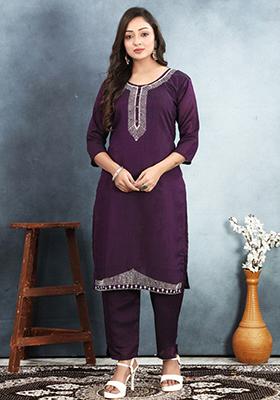 Purple Embroidered Vichitra Kurta Set