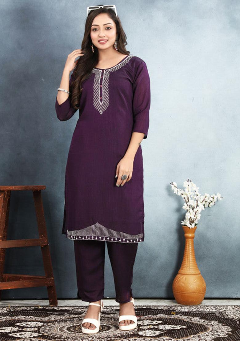 Purple Embroidered Vichitra Kurta Set