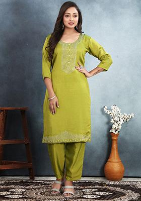 Green Embroidered Vichitra Kurta Set
