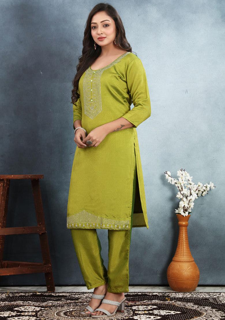 Green Embroidered Vichitra Kurta Set