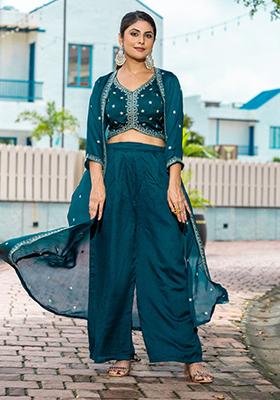 Teal Embroidered Vichitra Kurta Set