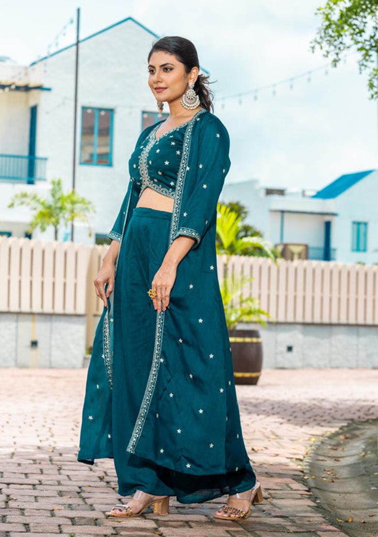 Teal Embroidered Vichitra Kurta Set