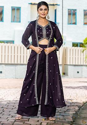 Purple Embroidered Vichitra Kurta Set